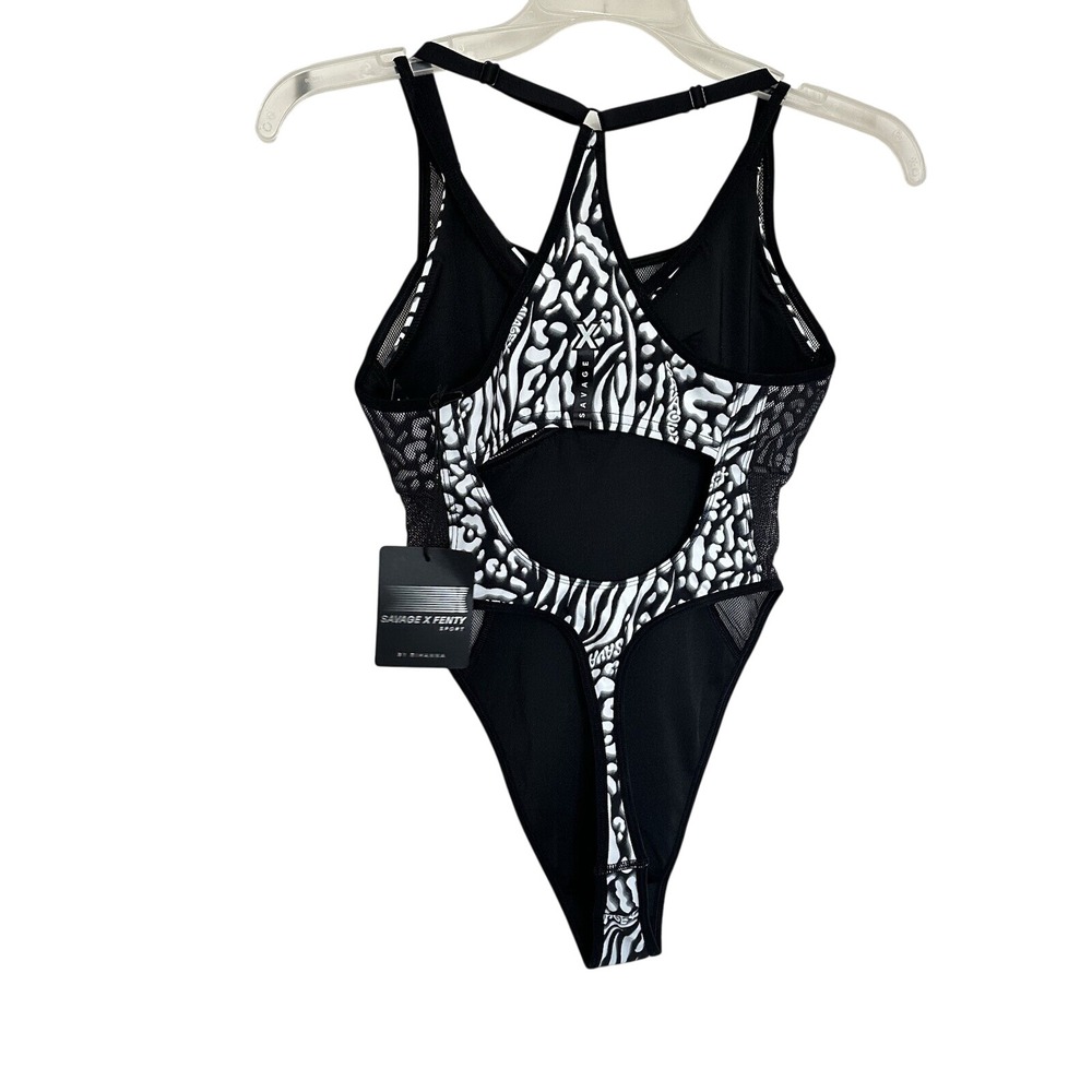 Savage X Fenty Sport Rihanna Animal Print Mesh High Leg Bodysuit Black White S - Picture 4 of 11